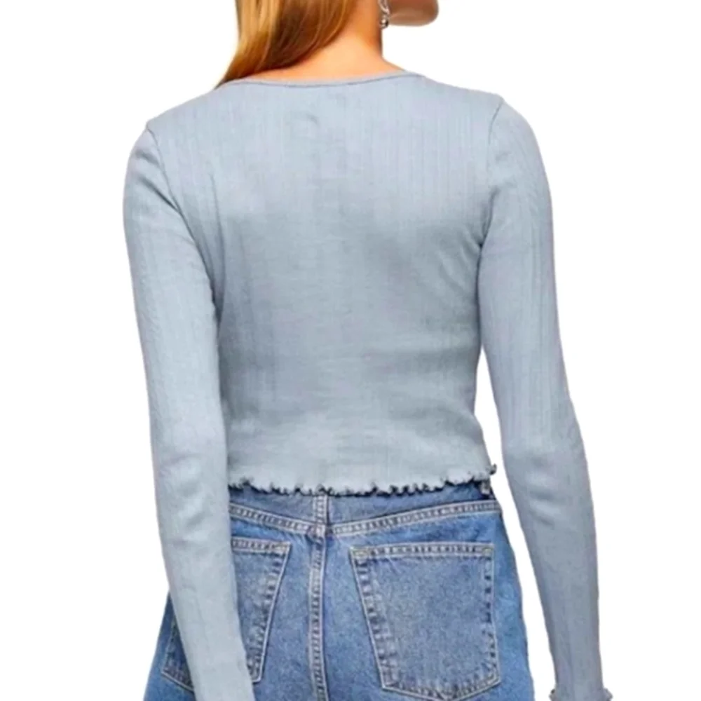 NWT TOP SHOP Blue Henley Long Sleeve Ribbed slight Crop Top Women's Size 10 - Picture 2 of 6